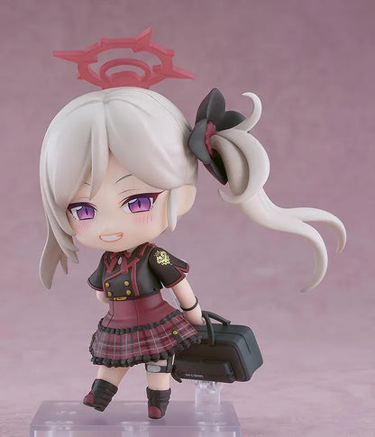 Blue Archive Nendoroid Mutsuki Asagi Figure with silver hair, pink halo, Gehenna Academy uniform, weapon, and black bag