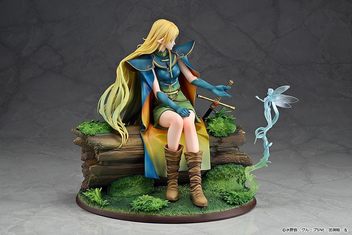 Record of Lodoss War Deedlit figure seated on a log in green clothing and blue armor, with flowing blonde hair, a winged companion, and a woodland base.