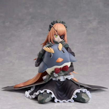 Overlord CZ2128 Delta 1/6 scale figure wearing her camouflage maid uniform and eyepatch while seated with a large penguin plush.