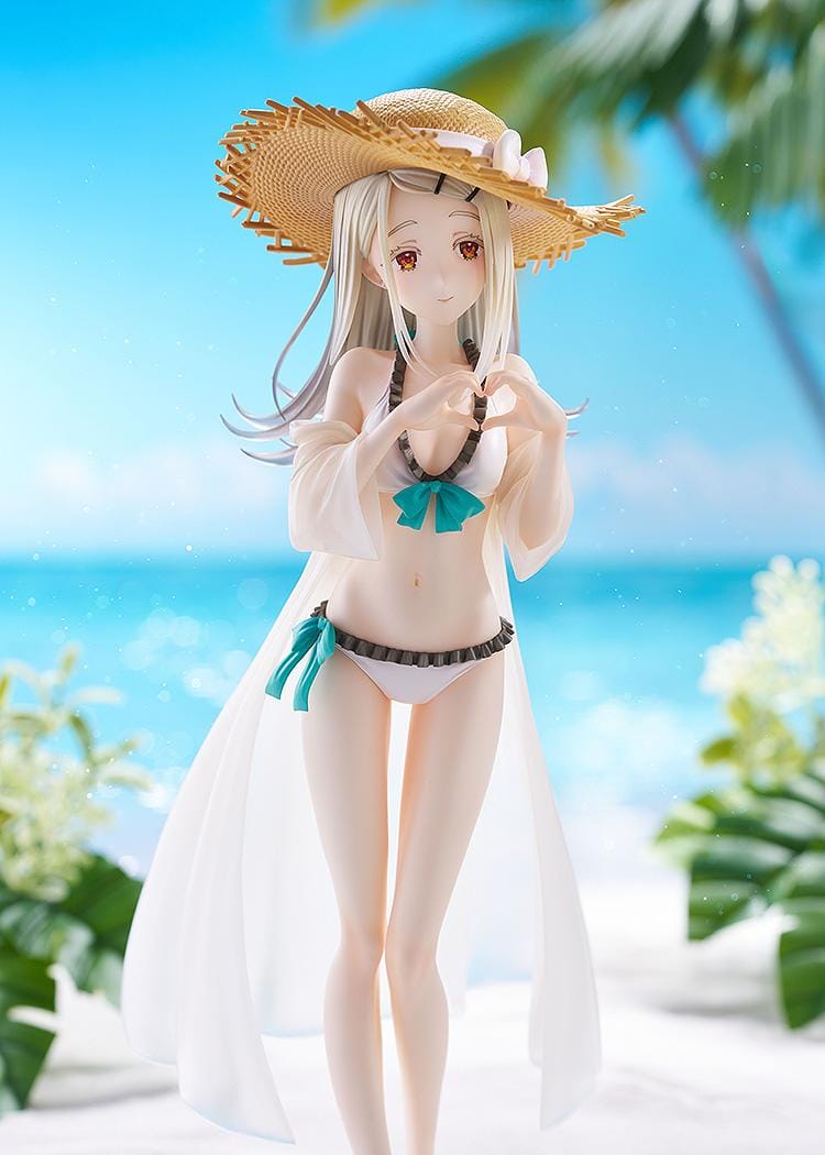 The Idolmaster Gakuen Hiro Shinosawa Swimsuit Ver 1/7 scale figure with straw hat, white swimsuit, and translucent beach cover-up on sand-style base