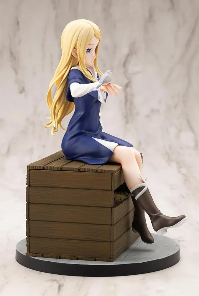 Sasaki and Peeps Elsa 1/7 Scale Figure featuring a blonde-haired anime girl with blue eyes wearing a navy-blue and white outfit, sitting on a wooden crate with a small bird perched on her hand.