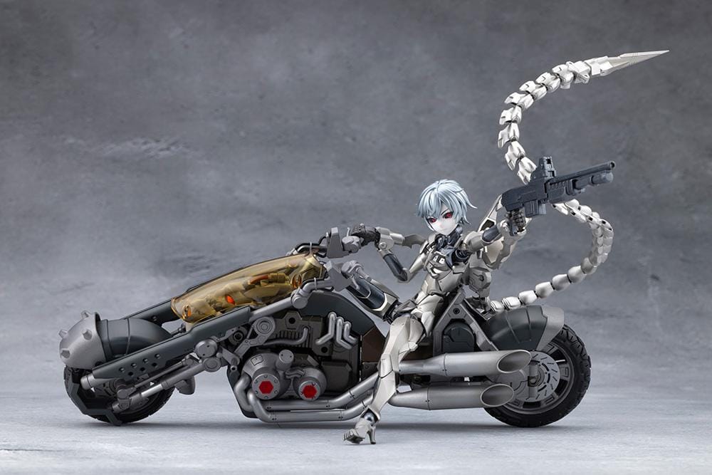 Megalomaria Unlimited Universe Wreckage Hunter model kit with white mechanical armor, a large rifle, weapon tail, and futuristic motorcycle.