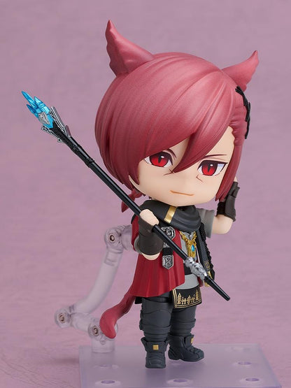 Final Fantasy XIV Nendoroid G'raha Tia Figure with red hair, cat ears, tail, cape, and staff weapon accessory