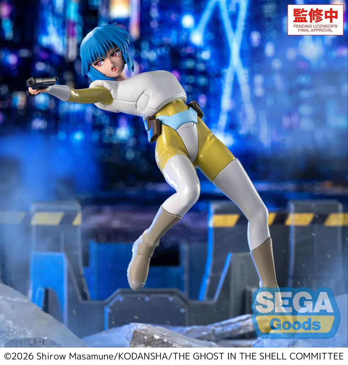 The Ghost in the Shell Luminasta Motoko Kusanagi figure aiming a pistol in a dynamic airborne pose