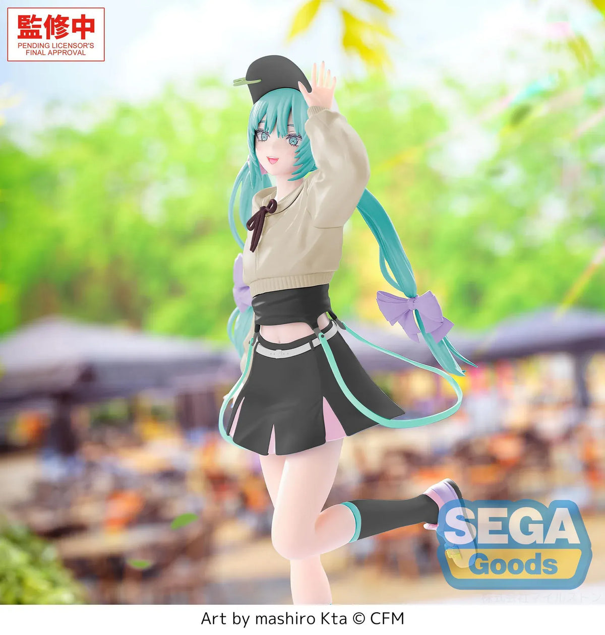 Hatsune Miku Luminasta Stroll Ver. figure wearing a cream hooded top, black skirt and cap, with lavender hair bows and pastel sneakers.