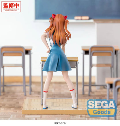 XStellar Asuka Shikinami Langley Uniform Ver. figure leaning on a school desk, wearing a blue and white uniform, on a parquet-style floor base.