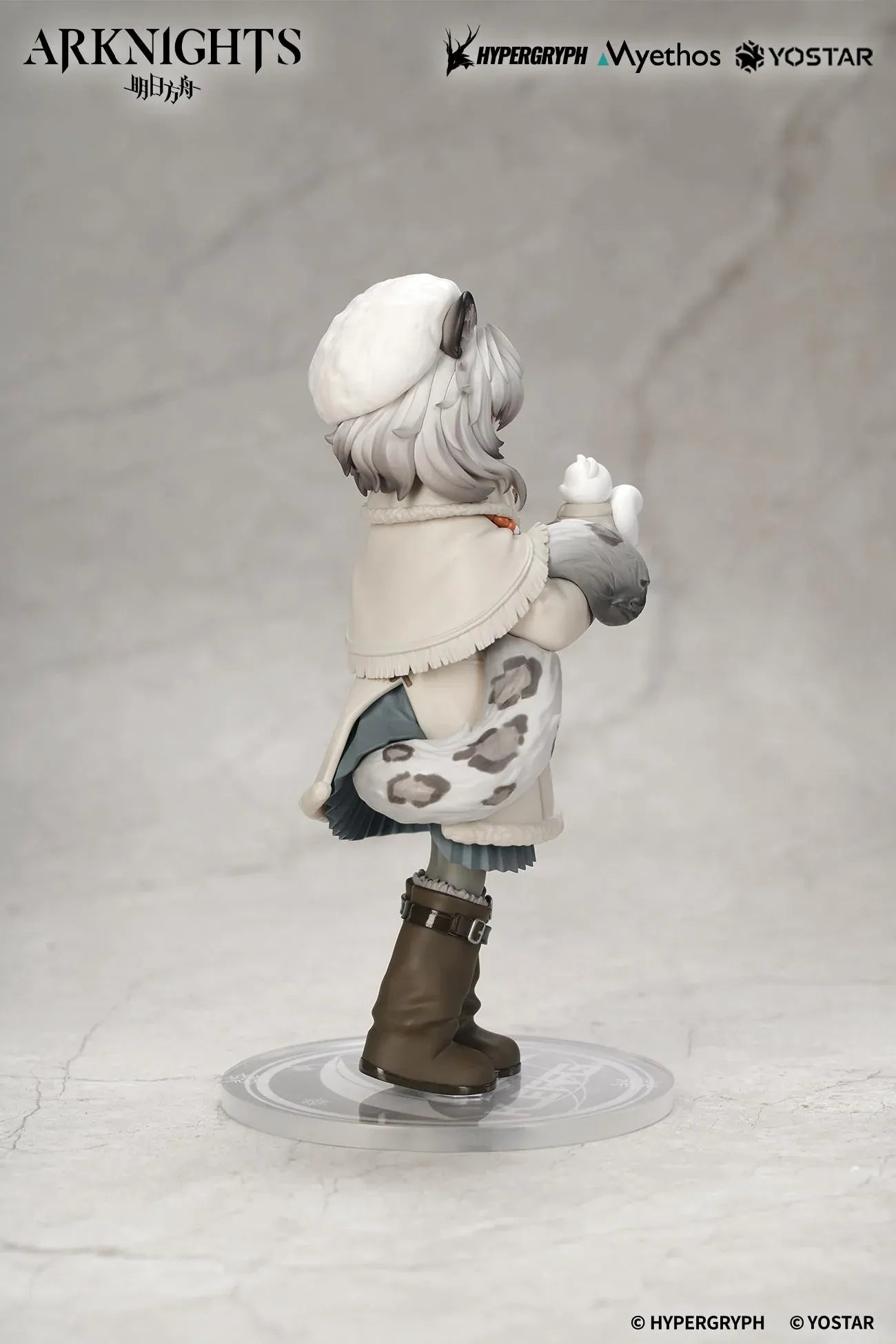 Arknights Rhodes Kids Series Pramanix Non Scale Figure with white hair, animal ears, winter coat, fluffy cape, boots, and bear accessory