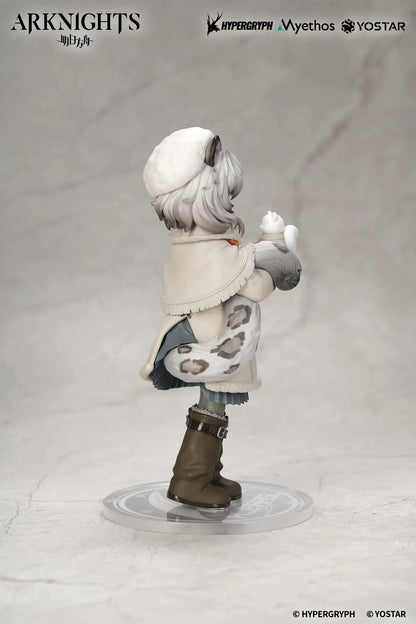 Arknights Rhodes Kids Series Pramanix Non Scale Figure with white hair, animal ears, winter coat, fluffy cape, boots, and bear accessory