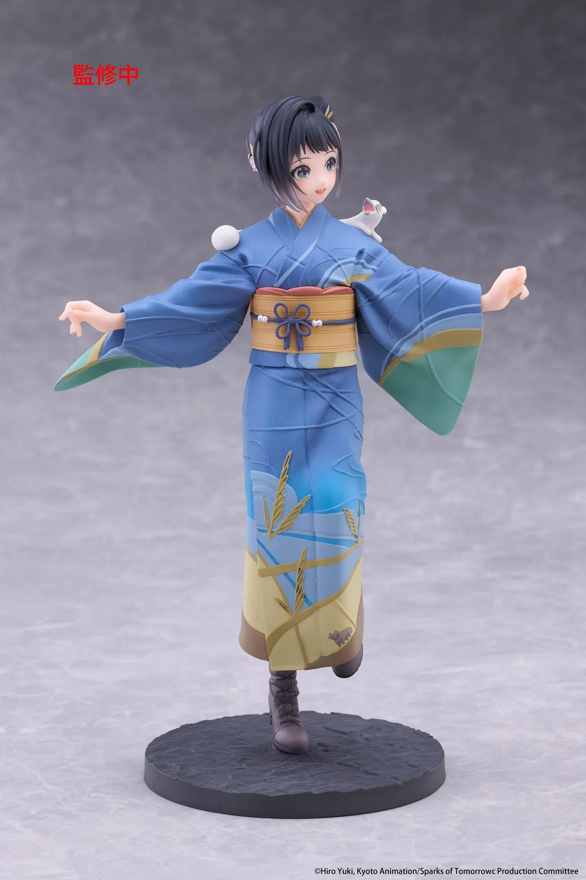 Sparks of Tomorrow Inako Momokawa Coreful Figure featuring a dark-haired anime girl with a pink floral hair accessory, blue kimono with gold and green accents, golden obi, brown boots, and a small white cat perched on her shoulder, standing on a textured circular base.