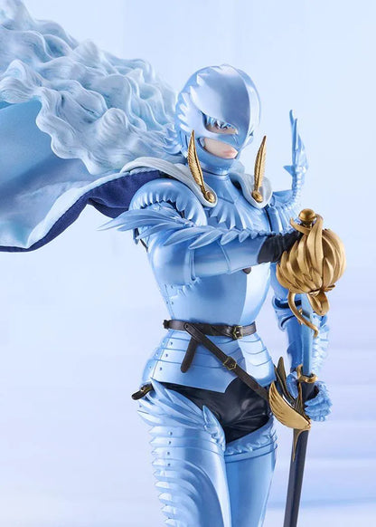 Berserk Griffith Falcon of Light figure in pale blue armor and helmet, with flowing pale hair, a billowing cape, and an ornate gold sword hilt.