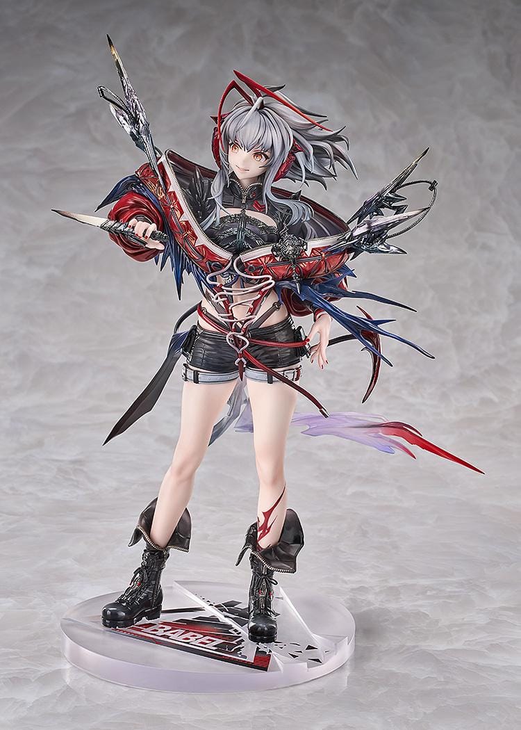 Arknights Wiš'adel 1/7 scale figure with silver-gray hair, red horns, a red-and-black outfit, angular weapon details, and a circular base.