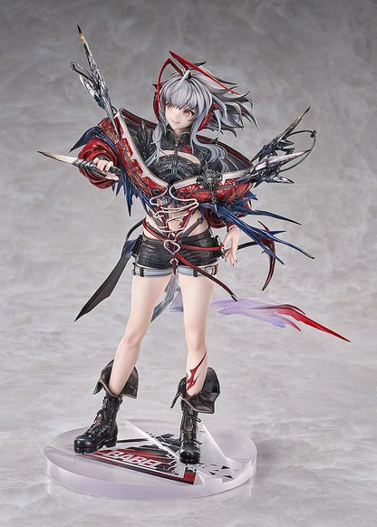 Arknights Wiš'adel 1/7 scale figure with silver-gray hair, red horns, a red-and-black outfit, angular weapon details, and a circular base.