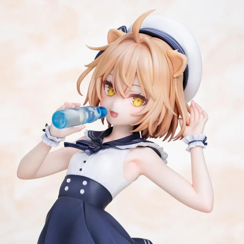 Rurudo Lion Marine Sailor Ver. figure in a navy and white sailor dress and hat, holding a blue bottle beside a chibi lion companion.