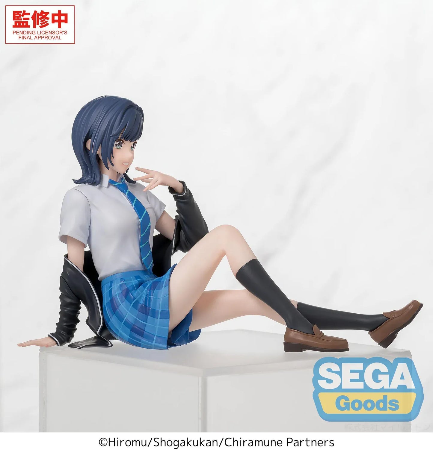 Chitose Is in the Ramune Bottle Yuzuki Nanase Premium Perching Figure by SEGA Goods featuring Yuzuki seated in a school uniform with blue plaid skirt and black jacket.