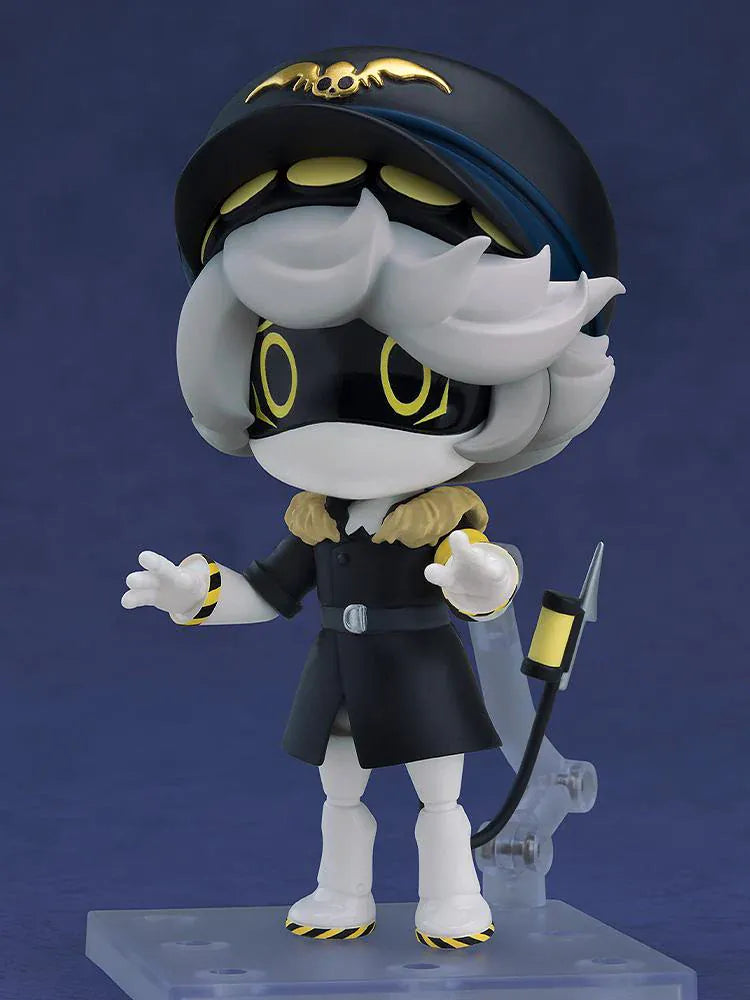 Murder Drones Nendoroid N Figure with pilot hat, white hair, yellow eyes, black outfit, waving pose, and mechanical tail accessory