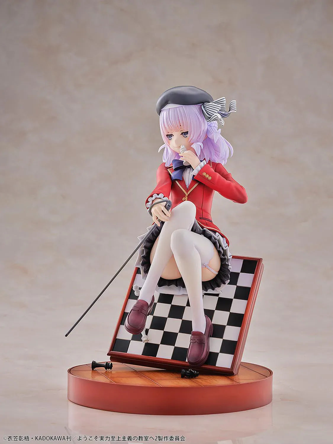 Classroom of the Elite Arisu Sakayanagi 1/7 Scale Figure featuring Arisu seated on a chessboard-style display with beret, red blazer, cane accessory, and round base.