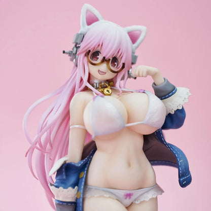 Super Sonico White Cat Ver. figure with pink hair, cat ears, glasses, blue jacket, white outfit, and milk bowl on a clear base.