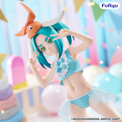 Monogatari BiCute Bunnies Yotsugi Ononoki figure featuring turquoise hair, a light blue bunny outfit, oversized bunny headpiece, fishnet tights, and a playful pose