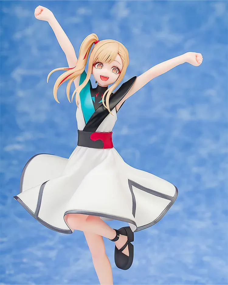 Kaguya Collaboration Concert Ver. figure with blonde hair, raised arms, a white dress with turquoise and black accents, and black ankle-strap shoes.