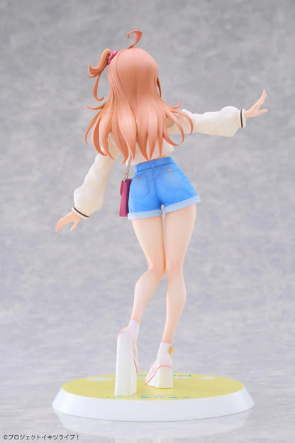 Polka Takahashi 1/7 scale figure with orange hair, a white sailor-style top, blue shorts, and a pink shoulder bag, posed on a yellow base.