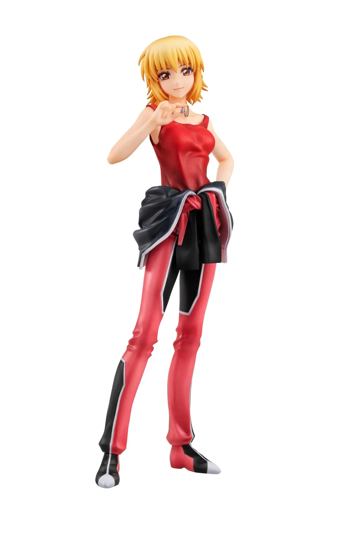 Gundam Girls Generation Cagalli Yula Athha Pilot Suit Ver. figure wearing a red-and-black pilot suit with her jacket tied around her waist.