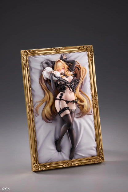 Stella Black Cat Ver. Deluxe Edition 1/7 Scale Figure illustrated by Xin, featuring a blonde-haired catgirl with red eyes, black lace lingerie, cat ears, and thigh-high stockings displayed in an ornate golden frame with a matching illustrated wall scroll.