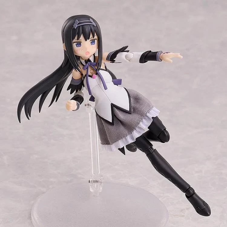 Puella Magi Madoka Magica The Movie Walpurgisnacht Rising BUZZmod. Homura Akemi 1/12 Scale Action Figure featuring long black hair, purple eyes, a white and purple magical girl outfit, fabric skirt, articulated joints, and a circular display base.