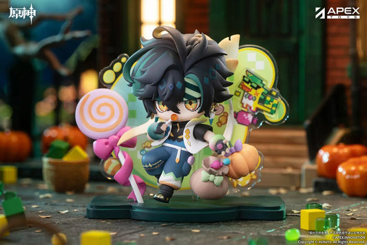 Genshin Impact You Ye Qi Xiang Series chibi Kinich figure holding a lollipop, surrounded by candy, a pumpkin, and a pixel-art backdrop.