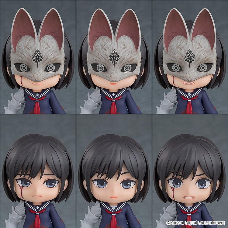 SILENT HILL f Nendoroid Fox Hinako wearing a weathered fox mask and tattered navy sailor uniform, with a red necktie and oversized gray arm.