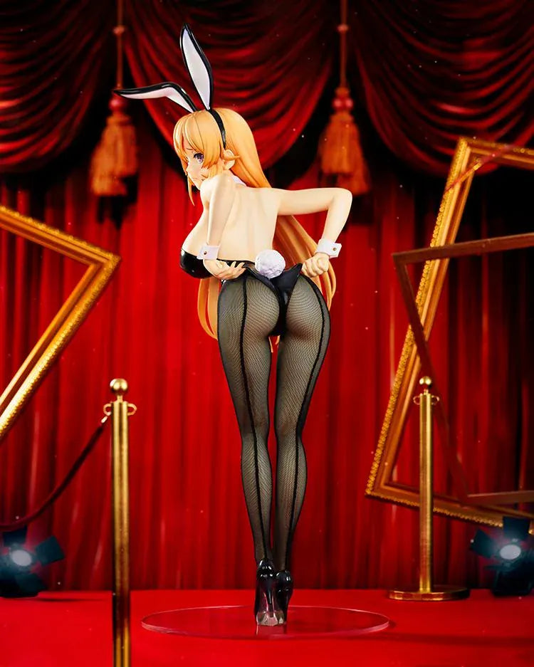 Erina Nakiri Bunny Ver. figure with long golden hair, purple eyes, black bunny ears and outfit, white cuffs, patterned tights, and black heels.