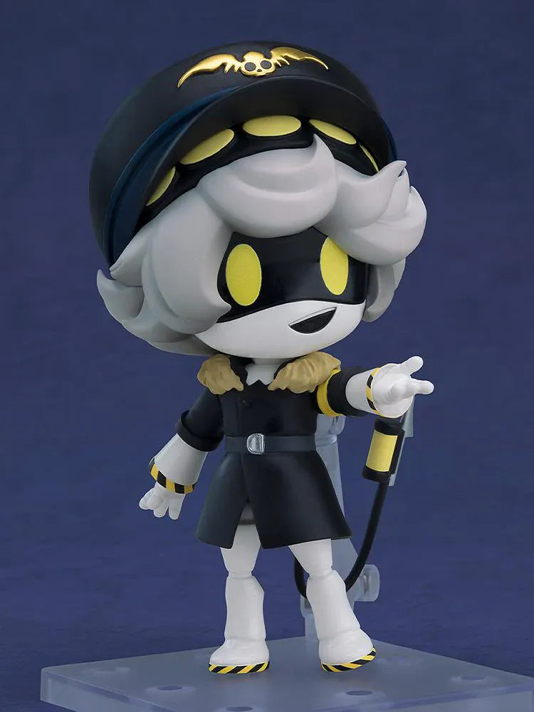 Murder Drones Nendoroid N Figure with pilot hat, white hair, yellow eyes, black outfit, waving pose, and mechanical tail accessory