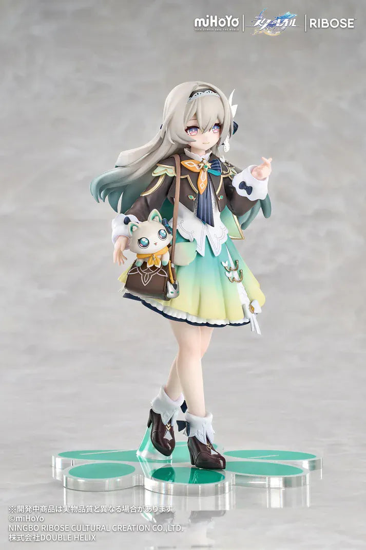 Honkai Star Rail Rise Up+ Chibi Cat Series Firefly Figure featuring Firefly in a cute chibi-style outfit with cat-themed display accents, colorful backdrop, and themed base.