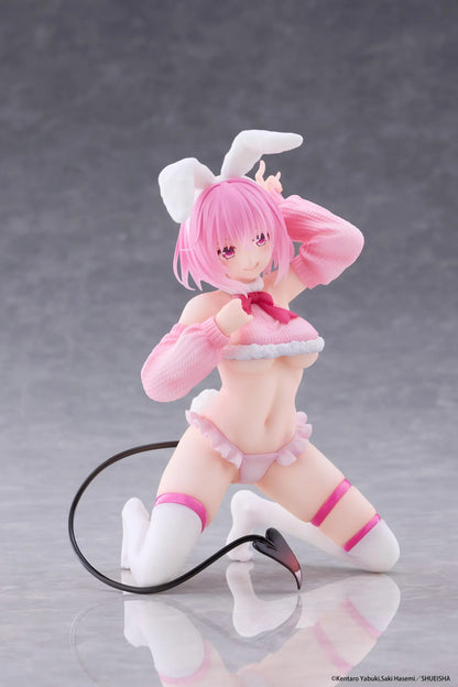 To Love-Ru Darkness MOFLOCK Momo Fluffy Bunny Ver. Figure featuring a pink-haired anime girl with pink eyes, white bunny ears, a pink fluffy bunny outfit, matching sleeves, white thigh-high stockings, and a black devil tail in a playful kneeling pose.