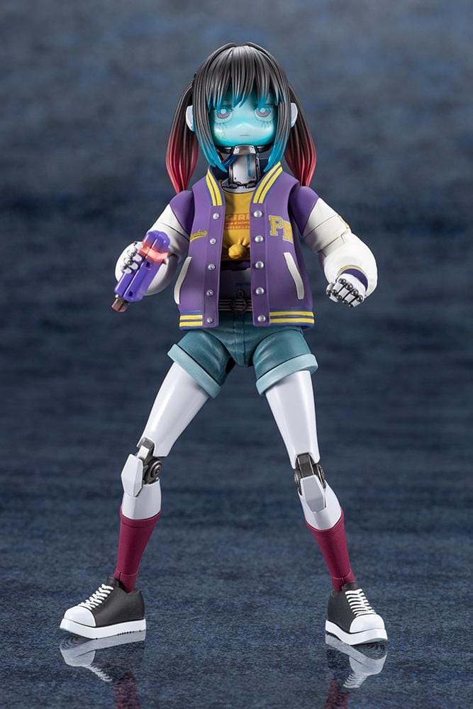 Milky Subway The Galactic Limited Express Makina Model Kit Figure featuring a robotic anime girl with black twin-tail hair, a blue-tinted face, a purple varsity jacket with white sleeves, denim shorts, mechanical arms and legs, burgundy socks, and black-and-white sneakers.