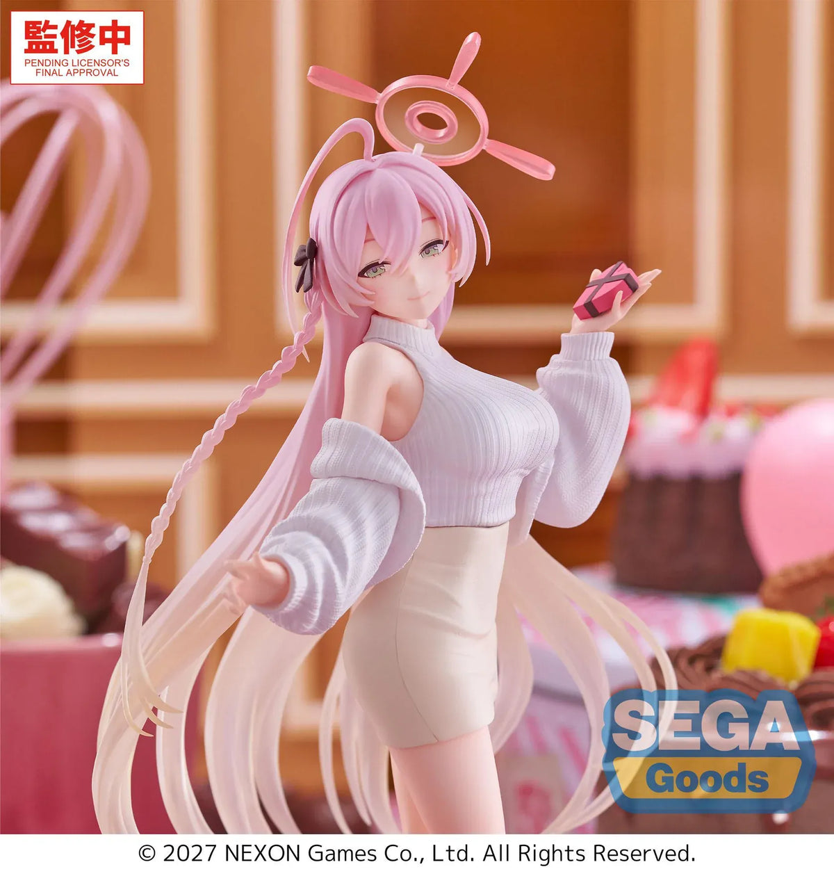 Blue Archive XStellar Hanako Happy Valentine figure holding a chocolate gift while standing on a red heart-shaped base