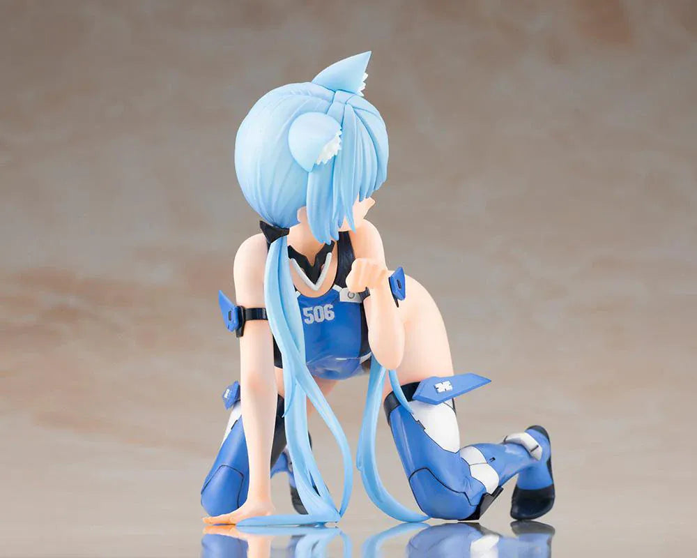 Frame Arms Girl Stylet Swimsuit Ver. Figure featuring Stylet with long light blue hair, cat ear details, blue-and-black swimsuit outfit, mechanical accessory parts, and display pose.