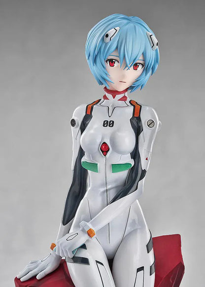 Rebuild of Evangelion Rei Ayanami 1/7 scale figure seated on red battle-style base in white plugsuit