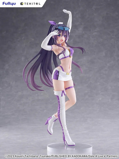 Date A Live V Tenitol Tall Tohka Yatogami Race Queen Ver. Figure featuring Tohka with long purple hair, white-and-purple race queen outfit, sunglasses, and matching boots.