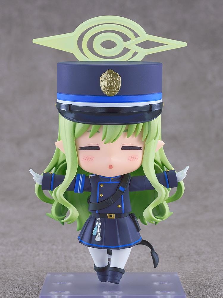 Blue Archive Nendoroid Hikari Tachibana Figure featuring Hikari with light green hair, golden eyes, oversized officer cap, academy uniform, and halo-style effect piece.