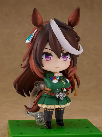 Umamusume Pretty Derby Nendoroid Symboli Rudolf Figure (Rerelease) featuring a brown-haired horse girl with a white forelock, purple eyes, green academy uniform, gold decorations, red cape, and black boots.