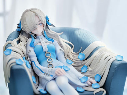 Isekaijoucho Universal Body Nemophila 1/7 scale figure sitting on blue chair with flowing silver hair and blue flower petals