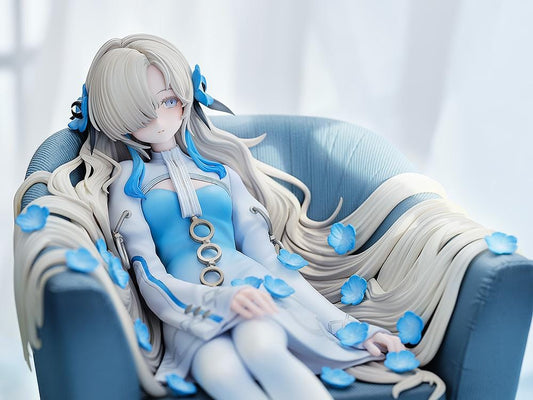 Isekaijoucho Universal Body Nemophila 1/7 scale figure sitting on blue chair with flowing silver hair and blue flower petals