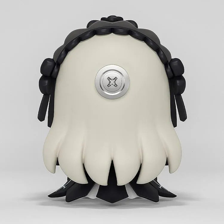Rozen Maiden Huggy Good Smile Suiginto Figure featuring silver-white hair, red eyes with flower-shaped highlights, a black gothic dress with white frills, black rose headpiece, and a cute seated chibi design.