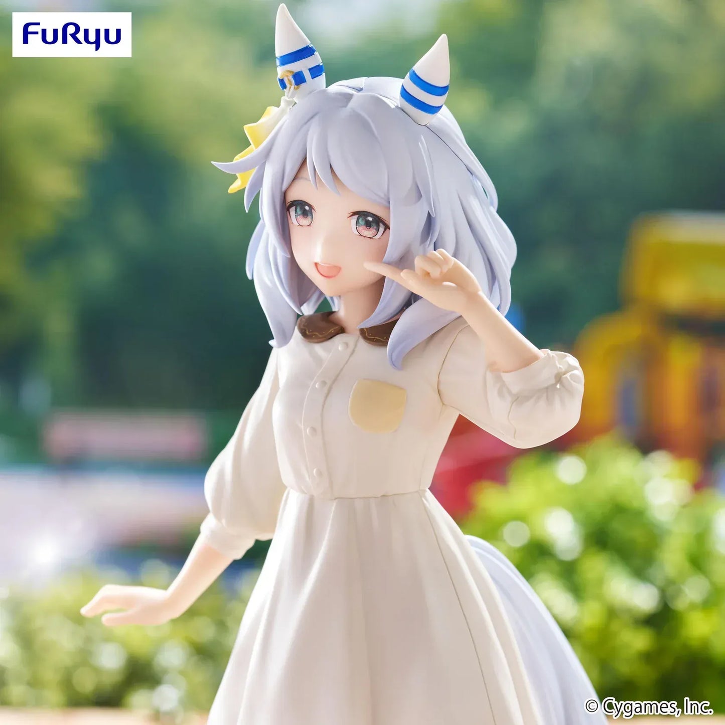 Trio-Try-iT Hishi Miracle figure from Uma Musume: Pretty Derby in a cream tunic and blue pants, smiling and posing in a casual park scene.