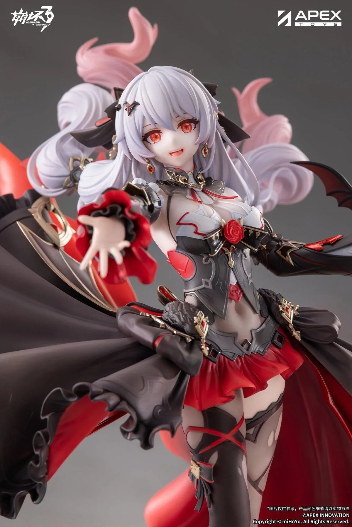 Honkai Impact 3rd Lunar Vow Crimson Love 1/7 scale figure with pale lavender hair, a black-and-red outfit, a small bat, and broken stonework.