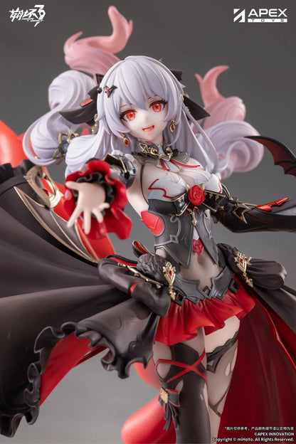 Honkai Impact 3rd Lunar Vow Crimson Love 1/7 scale figure with pale lavender hair, a black-and-red outfit, a small bat, and broken stonework.