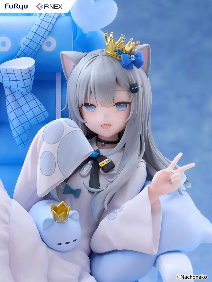 Nachoneko Birthday Ver. 1/7 Scale Figure by FuRyu F featuring a silver-haired cat girl with a golden crown relaxing in a blue gaming chair decorated with balloons, ribbons, and cat accessories.