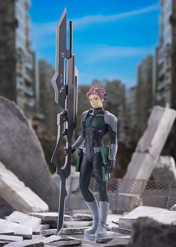 Gen Narumi POP UP PARADE figure from Kaiju No 8 holding large weapon in combat suit