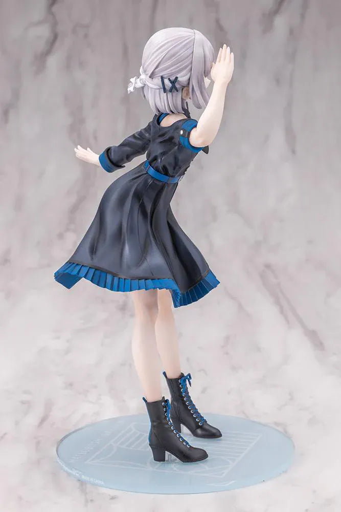 The Idolmaster Gakuen Lilja Katsuragi Hakusen DX Ver. 1/7 Scale Figure featuring Lilja with short silver hair, black dress with blue accents, boots, and themed display base.