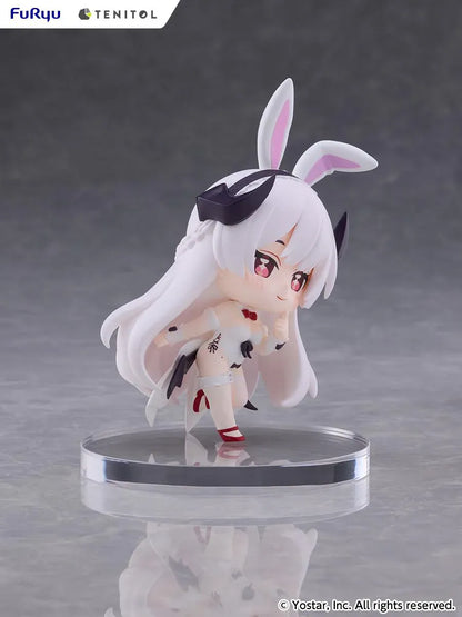 Stella Sora TENITOL Mini Virigia Bunny Figure by FuRyu featuring a white-haired anime girl with pink eyes, oversized bunny ears, a white bunny outfit with black accents, red bow tie, and matching shoes in a playful pose.